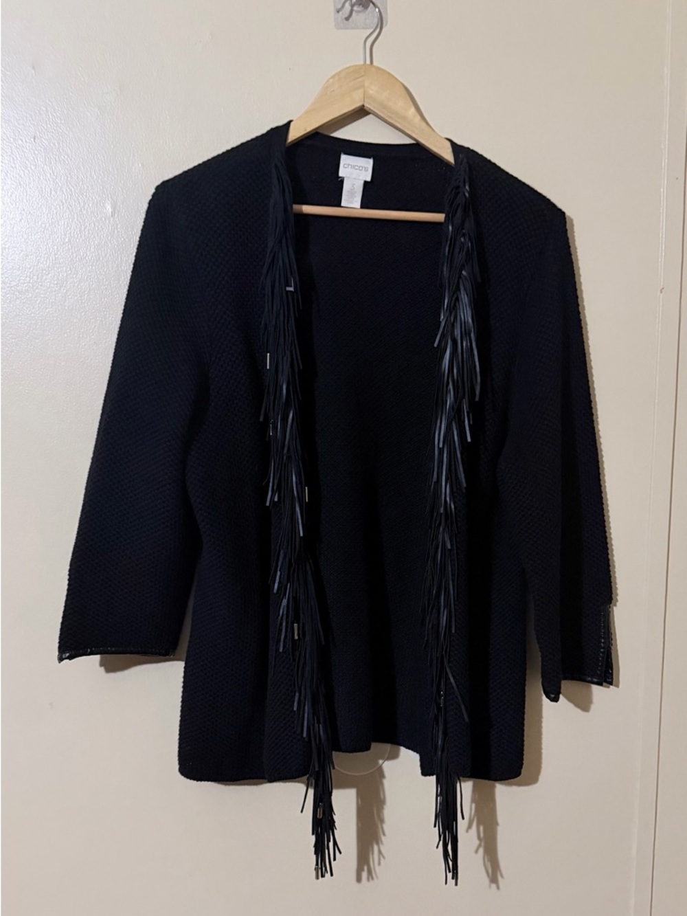 Chico's Black V-Neck Fringe Knit Sweater - Picture 2 of 10